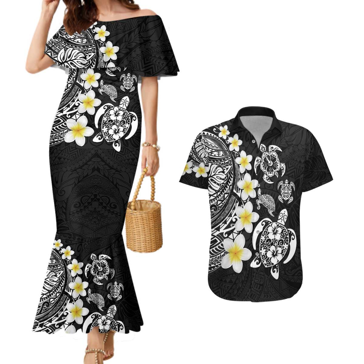 Hawaiian Plumeria Turtles Couples Matching Mermaid Dress and Hawaiian Shirt Polynesian Art Tattoo LT03 Black - Polynesian Pride