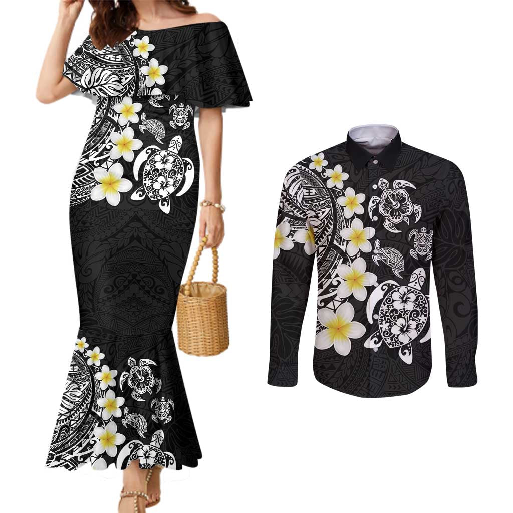 Hawaiian Plumeria Turtles Couples Matching Mermaid Dress and Long Sleeve Button Shirt Polynesian Art Tattoo LT03 Black - Polynesian Pride