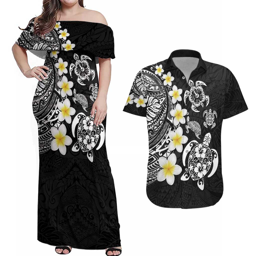 Hawaiian Plumeria Turtles Couples Matching Off Shoulder Maxi Dress and Hawaiian Shirt Polynesian Art Tattoo LT03 Black - Polynesian Pride