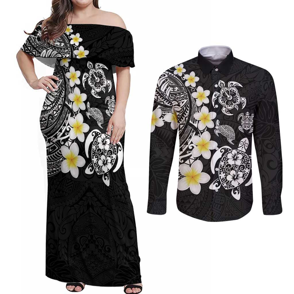 Hawaiian Plumeria Turtles Couples Matching Off Shoulder Maxi Dress and Long Sleeve Button Shirt Polynesian Art Tattoo LT03 Black - Polynesian Pride