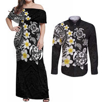 Hawaiian Plumeria Turtles Couples Matching Off Shoulder Maxi Dress and Long Sleeve Button Shirt Polynesian Art Tattoo LT03 Black - Polynesian Pride