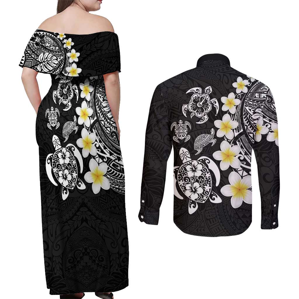 Hawaiian Plumeria Turtles Couples Matching Off Shoulder Maxi Dress and Long Sleeve Button Shirt Polynesian Art Tattoo LT03 - Polynesian Pride