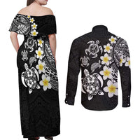 Hawaiian Plumeria Turtles Couples Matching Off Shoulder Maxi Dress and Long Sleeve Button Shirt Polynesian Art Tattoo LT03 - Polynesian Pride