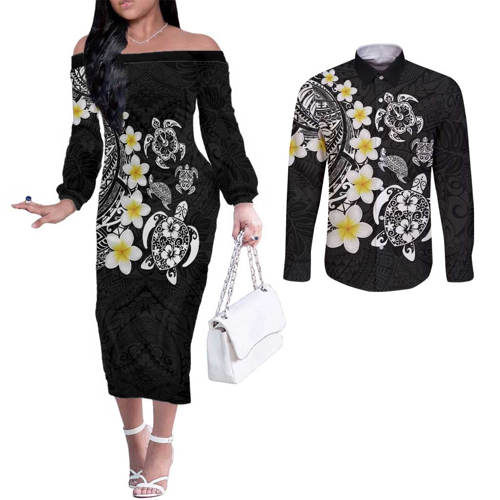 Hawaiian Plumeria Turtles Couples Matching Off The Shoulder Long Sleeve Dress and Long Sleeve Button Shirt Polynesian Art Tattoo LT03 Black - Polynesian Pride