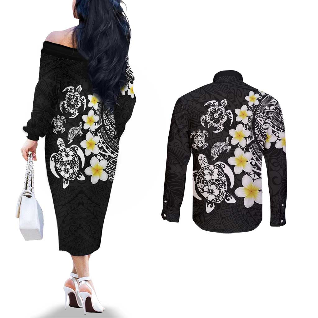 Hawaiian Plumeria Turtles Couples Matching Off The Shoulder Long Sleeve Dress and Long Sleeve Button Shirt Polynesian Art Tattoo