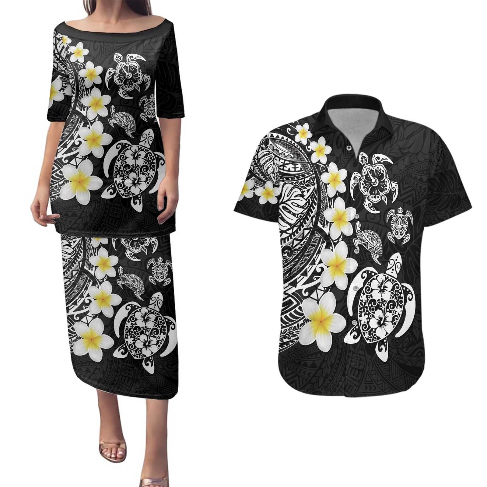 Hawaiian Plumeria Turtles Couples Matching Puletasi and Hawaiian Shirt Polynesian Art Tattoo LT03 Black - Polynesian Pride