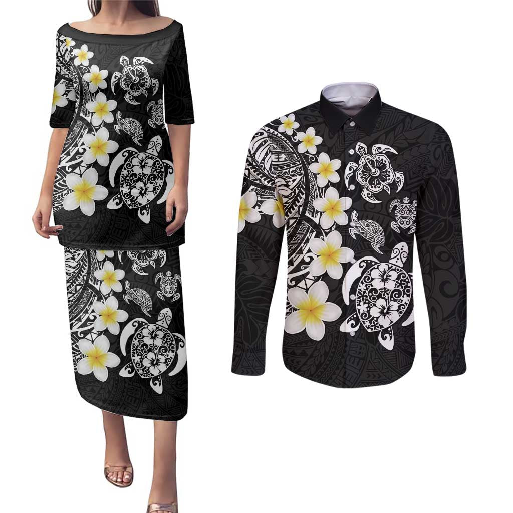 Hawaiian Plumeria Turtles Couples Matching Puletasi and Long Sleeve Button Shirt Polynesian Art Tattoo LT03 Black - Polynesian Pride