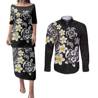 Hawaiian Plumeria Turtles Couples Matching Puletasi and Long Sleeve Button Shirt Polynesian Art Tattoo LT03 Black - Polynesian Pride