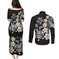 Hawaiian Plumeria Turtles Couples Matching Puletasi and Long Sleeve Button Shirt Polynesian Art Tattoo LT03 - Polynesian Pride
