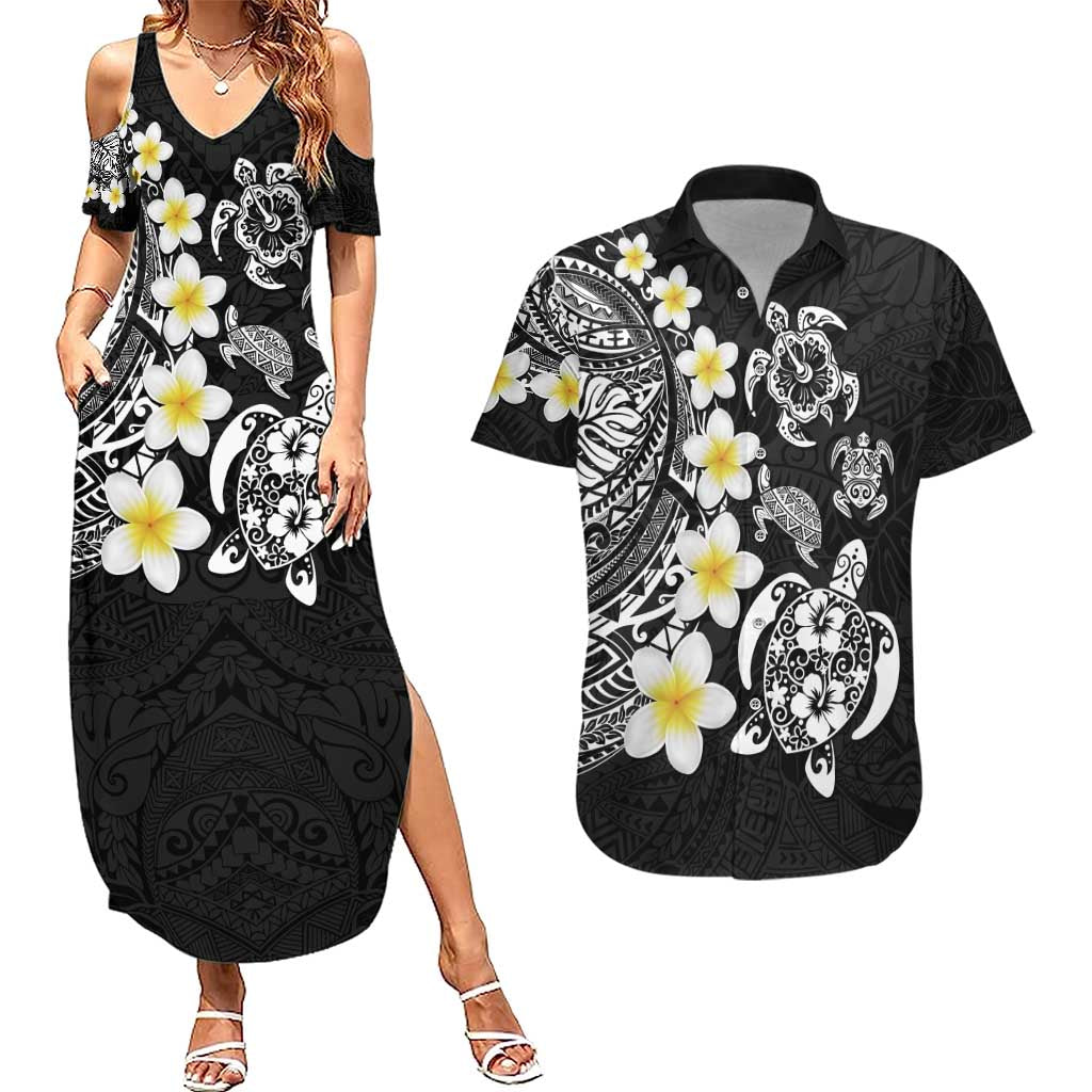 Hawaiian Plumeria Turtles Couples Matching Summer Maxi Dress and Hawaiian Shirt Polynesian Art Tattoo LT03 Black - Polynesian Pride