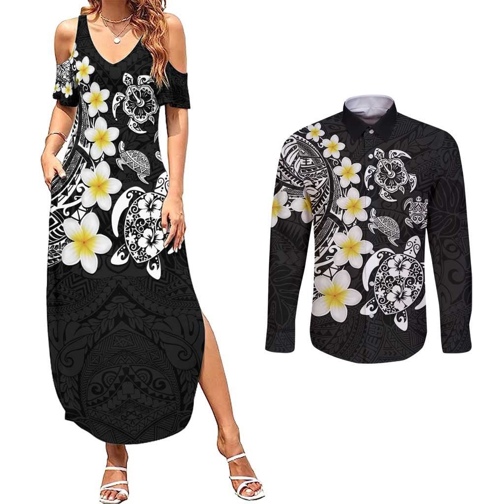 Hawaiian Plumeria Turtles Couples Matching Summer Maxi Dress and Long Sleeve Button Shirt Polynesian Art Tattoo LT03 Black - Polynesian Pride