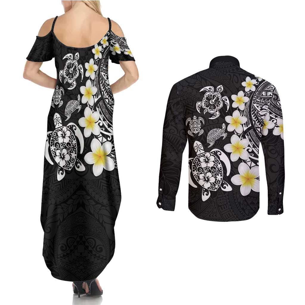 Hawaiian Plumeria Turtles Couples Matching Summer Maxi Dress and Long Sleeve Button Shirt Polynesian Art Tattoo LT03 - Polynesian Pride