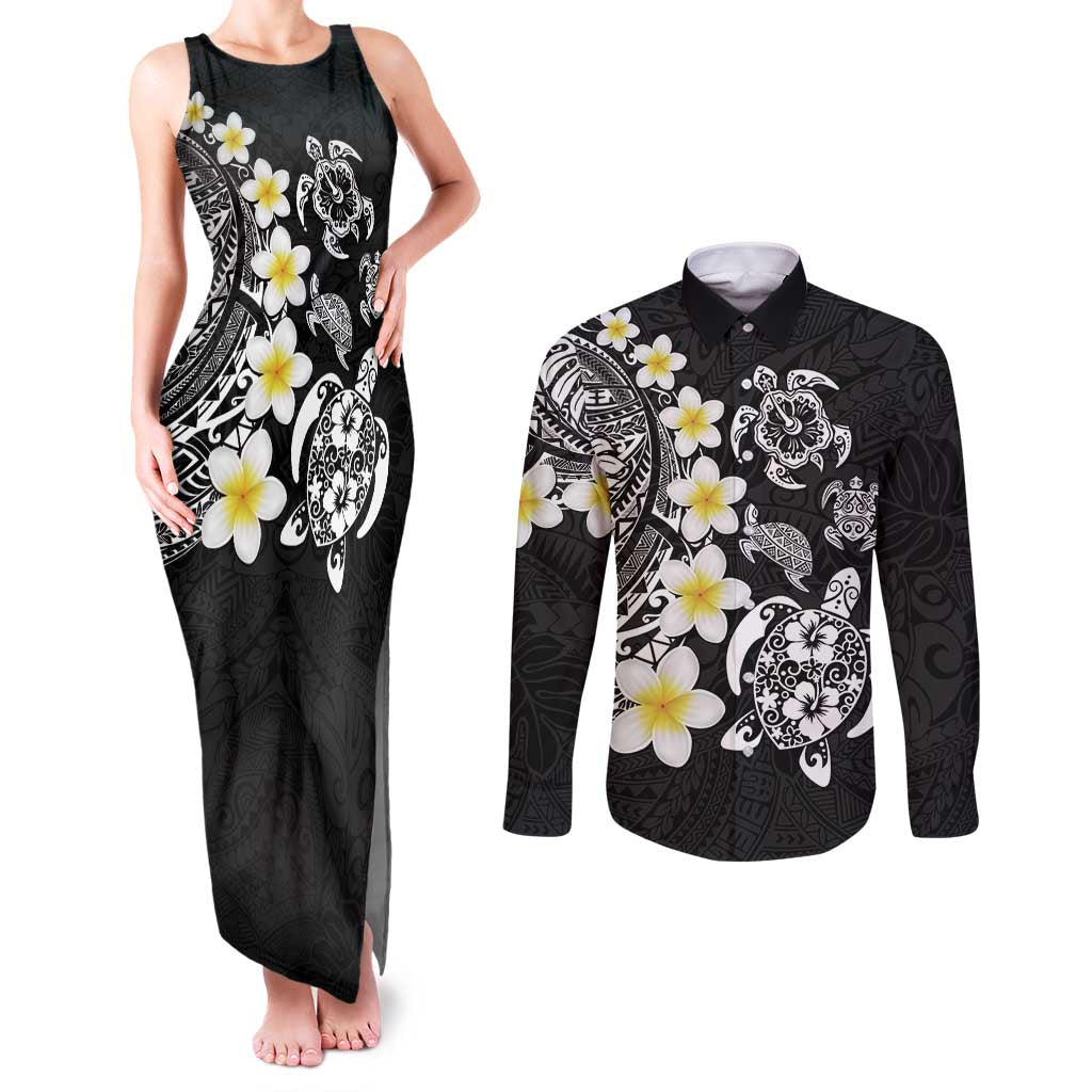 Hawaiian Plumeria Turtles Couples Matching Tank Maxi Dress and Long Sleeve Button Shirt Polynesian Art Tattoo LT03 Black - Polynesian Pride