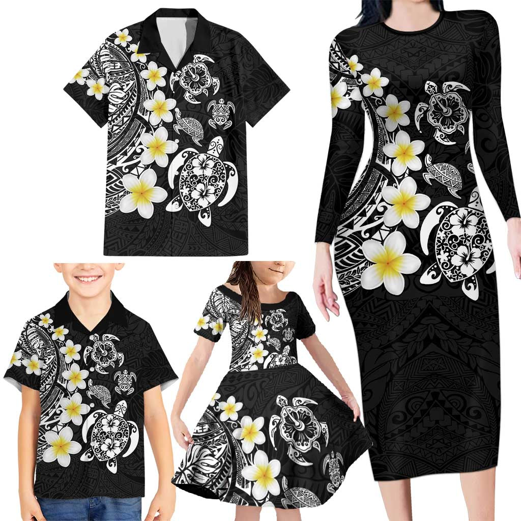 Hawaiian Plumeria Turtles Family Matching Long Sleeve Bodycon Dress and Hawaiian Shirt Polynesian Art Tattoo LT03 - Polynesian Pride