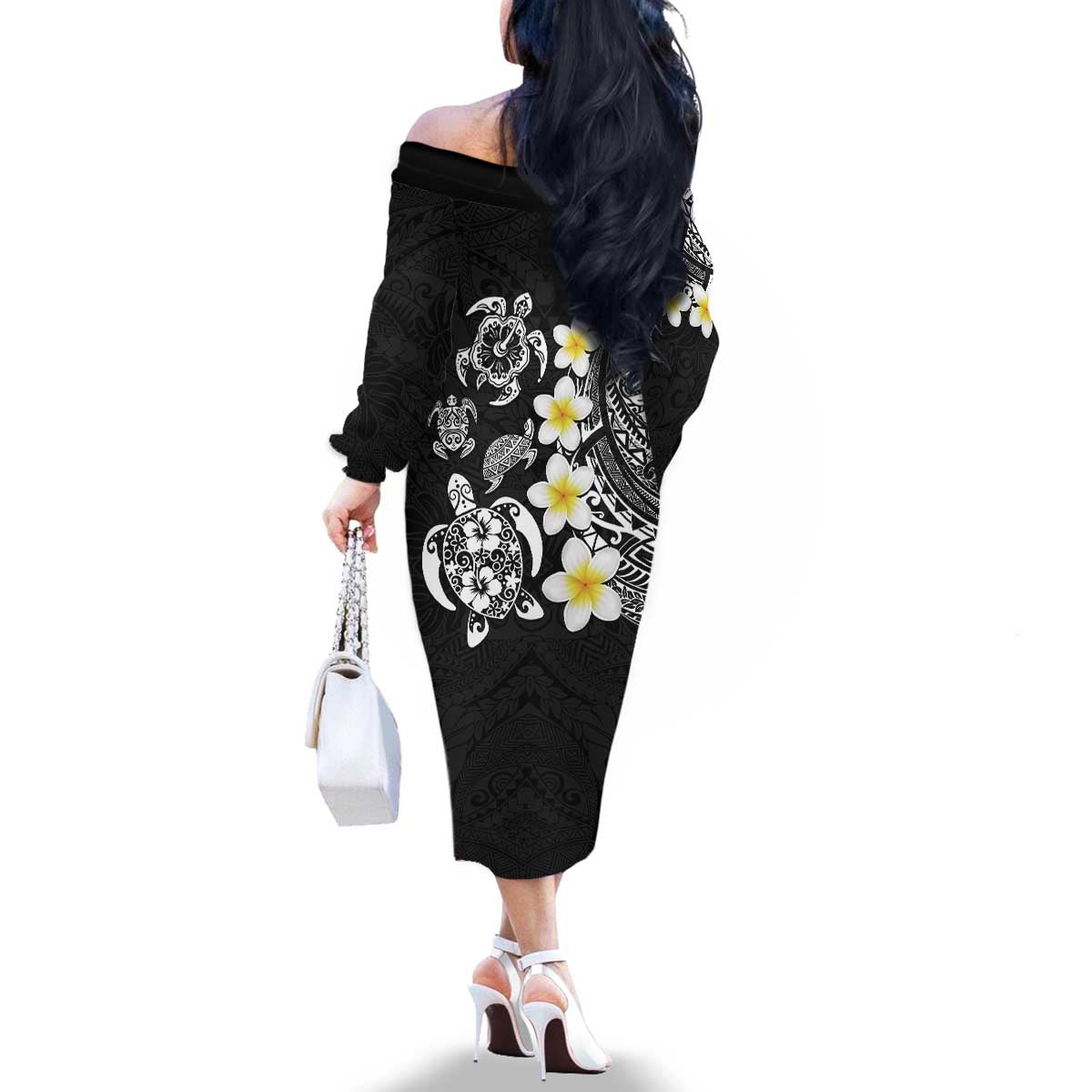 Hawaiian Plumeria Turtles Family Matching Off The Shoulder Long Sleeve Dress and Hawaiian Shirt Polynesian Art Tattoo