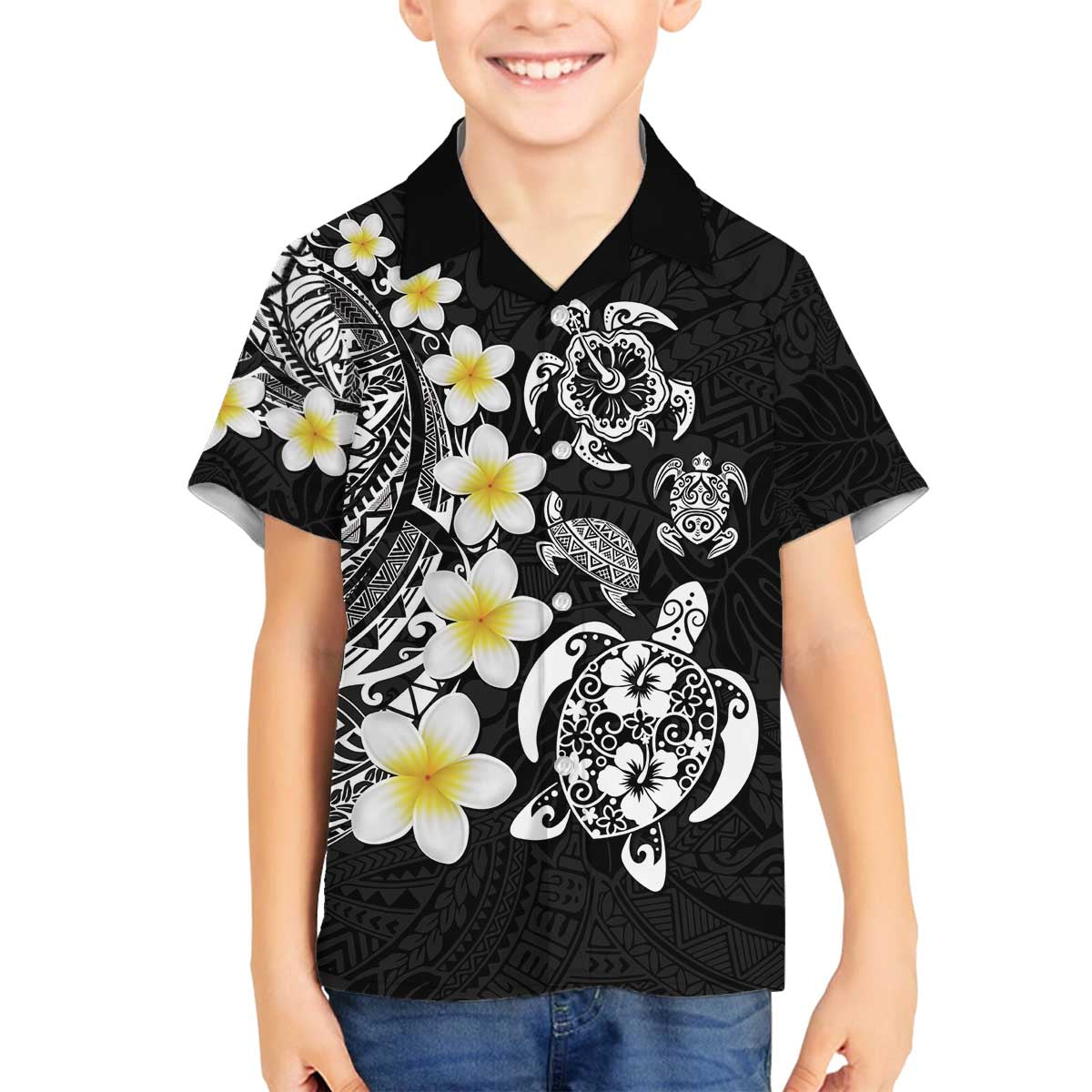 Hawaiian Plumeria Turtles Family Matching Off The Shoulder Long Sleeve Dress and Hawaiian Shirt Polynesian Art Tattoo