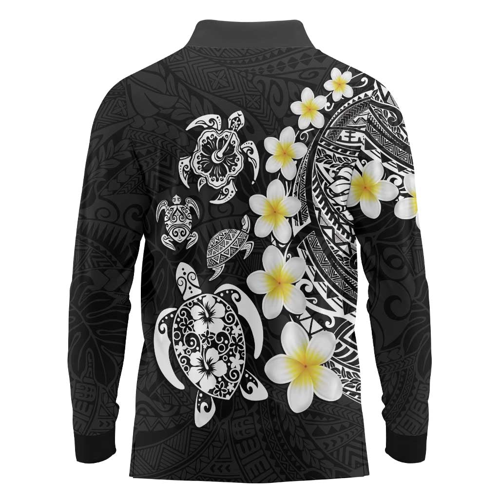 Hawaiian Plumeria Turtles Long Sleeve Polo Shirt Polynesian Art Tattoo
