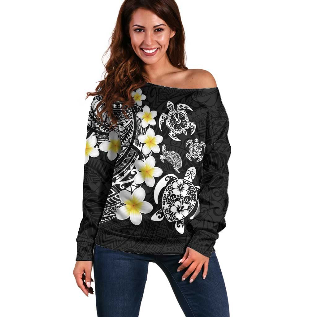 Hawaiian Plumeria Turtles Off Shoulder Sweater Polynesian Art Tattoo