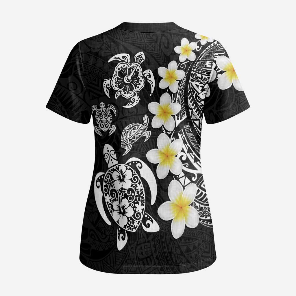 Hawaiian Plumeria Turtles Scrub Top Polynesian Art Tattoo - Polynesian Pride