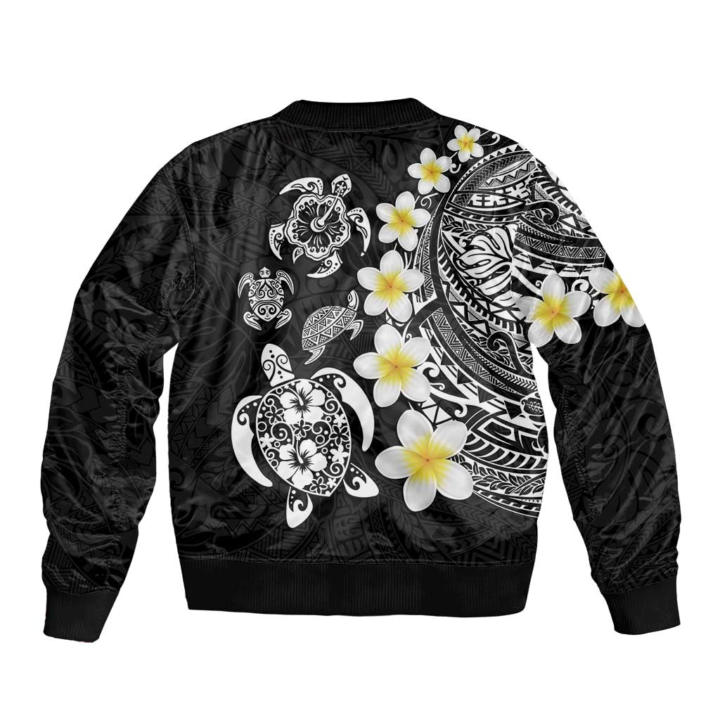 Hawaiian Plumeria Turtles Sleeve Zip Bomber Jacket Polynesian Art Tattoo