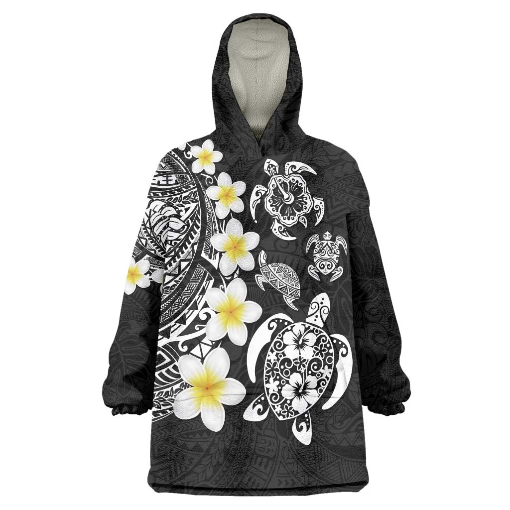 Hawaiian Plumeria Turtles Wearable Blanket Hoodie Polynesian Art Tattoo LT03 One Size Black - Polynesian Pride