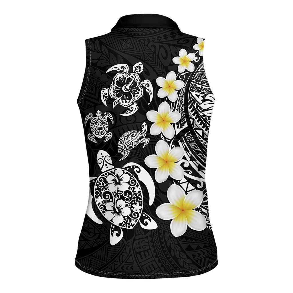 Hawaiian Plumeria Turtles Women Sleeveless Polo Shirt Polynesian Art Tattoo