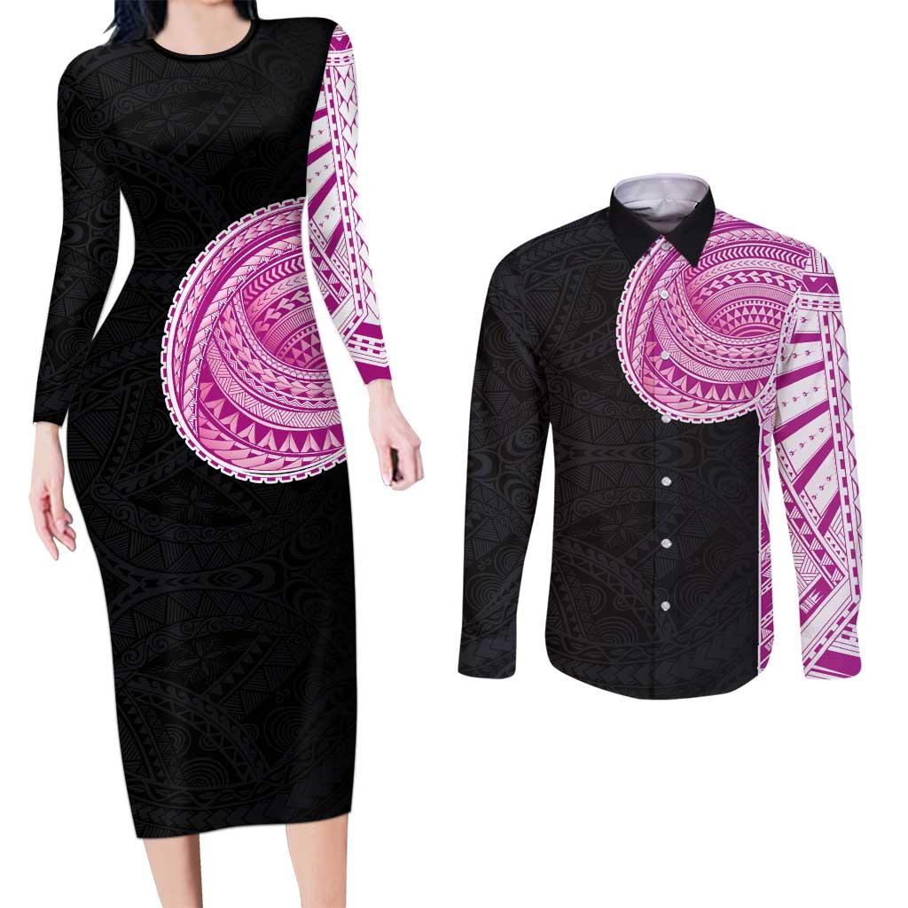 Samoan Art Tattoo Polynesian Pattern Couples Matching Long Sleeve Bodycon Dress and Long Sleeve Button Shirt Pink Out Color LT03 Black - Polynesian Pride