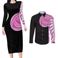 Samoan Art Tattoo Polynesian Pattern Couples Matching Long Sleeve Bodycon Dress and Long Sleeve Button Shirt Pink Out Color LT03 Black - Polynesian Pride