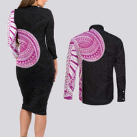 Samoan Art Tattoo Polynesian Pattern Couples Matching Long Sleeve Bodycon Dress and Long Sleeve Button Shirt Pink Out Color LT03 - Polynesian Pride