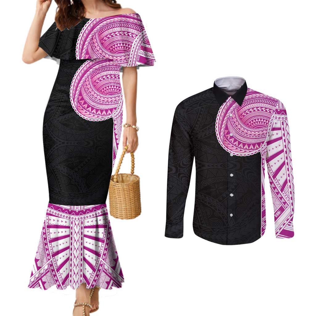 Samoan Art Tattoo Polynesian Pattern Couples Matching Mermaid Dress and Long Sleeve Button Shirt Pink Out Color LT03 Black - Polynesian Pride