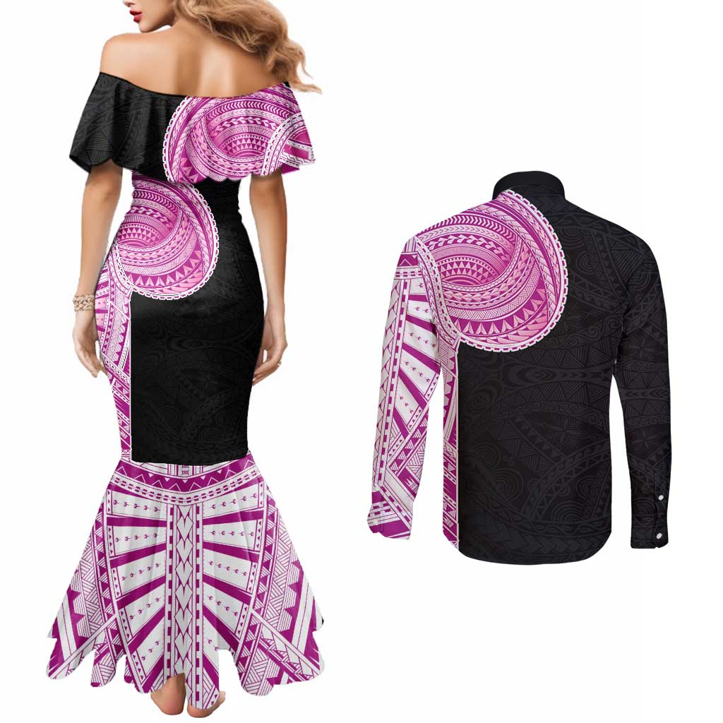 Samoan Art Tattoo Polynesian Pattern Couples Matching Mermaid Dress and Long Sleeve Button Shirt Pink Out Color LT03 - Polynesian Pride