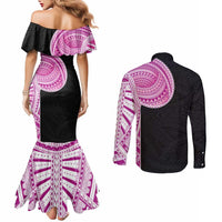 Samoan Art Tattoo Polynesian Pattern Couples Matching Mermaid Dress and Long Sleeve Button Shirt Pink Out Color LT03 - Polynesian Pride