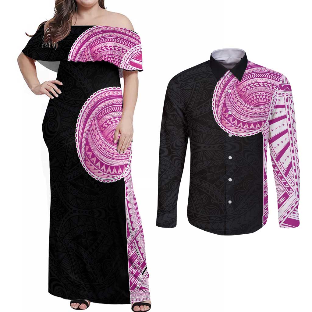 Samoan Art Tattoo Polynesian Pattern Couples Matching Off Shoulder Maxi Dress and Long Sleeve Button Shirt Pink Out Color LT03 Black - Polynesian Pride