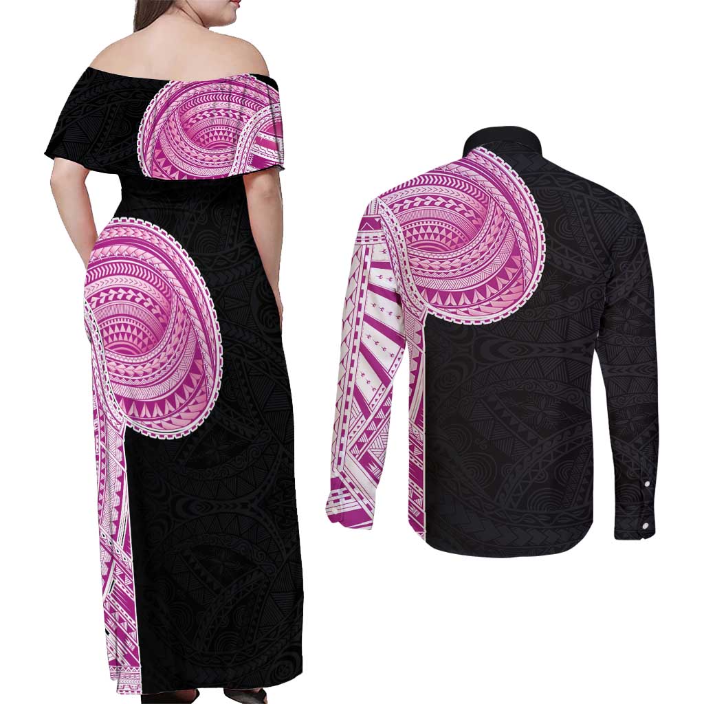 Samoan Art Tattoo Polynesian Pattern Couples Matching Off Shoulder Maxi Dress and Long Sleeve Button Shirt Pink Out Color LT03 - Polynesian Pride