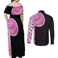Samoan Art Tattoo Polynesian Pattern Couples Matching Off Shoulder Maxi Dress and Long Sleeve Button Shirt Pink Out Color LT03 - Polynesian Pride