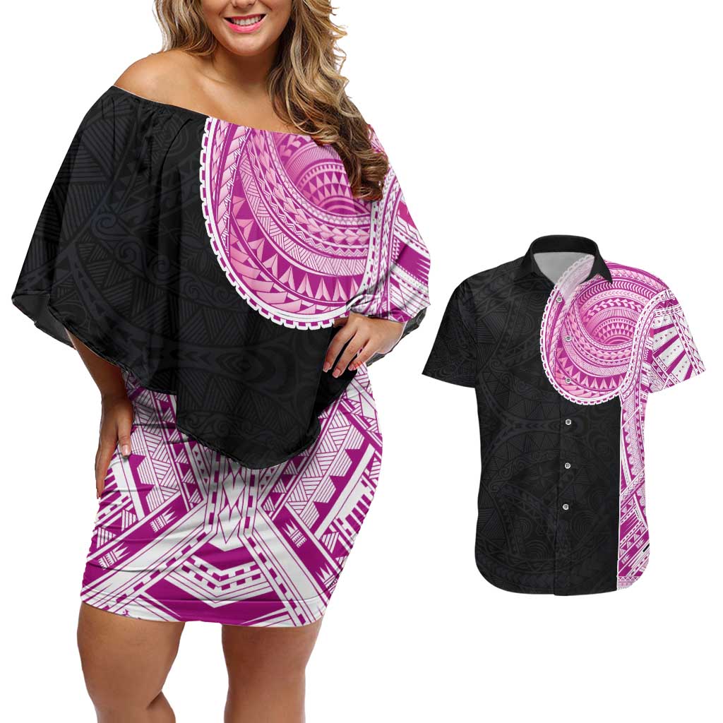 Samoan Art Tattoo Polynesian Pattern Couples Matching Off Shoulder Short Dress and Hawaiian Shirt Pink Out Color LT03 Black - Polynesian Pride