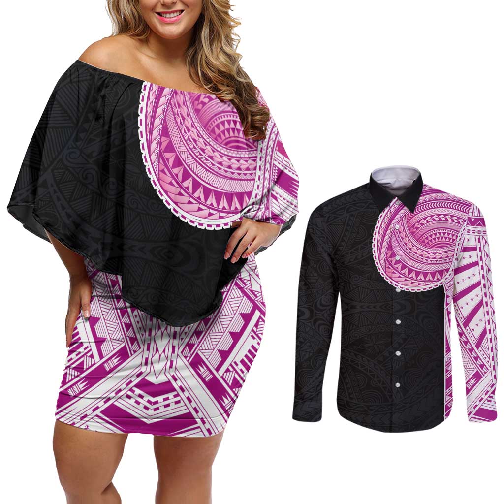 Samoan Art Tattoo Polynesian Pattern Couples Matching Off Shoulder Short Dress and Long Sleeve Button Shirt Pink Out Color LT03 Black - Polynesian Pride
