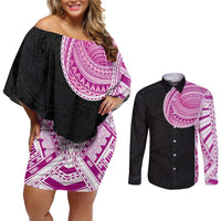 Samoan Art Tattoo Polynesian Pattern Couples Matching Off Shoulder Short Dress and Long Sleeve Button Shirt Pink Out Color LT03 Black - Polynesian Pride