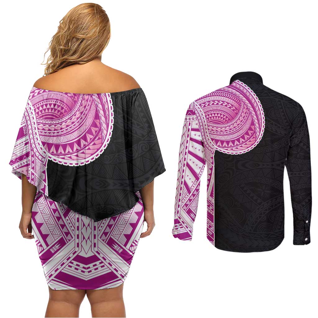 Samoan Art Tattoo Polynesian Pattern Couples Matching Off Shoulder Short Dress and Long Sleeve Button Shirt Pink Out Color LT03 - Polynesian Pride