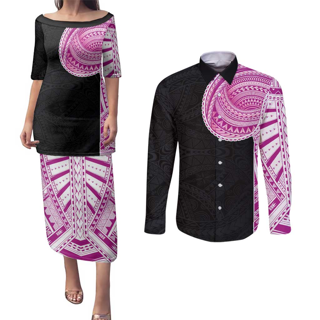 Samoan Art Tattoo Polynesian Pattern Couples Matching Puletasi and Long Sleeve Button Shirt Pink Out Color LT03 Black - Polynesian Pride