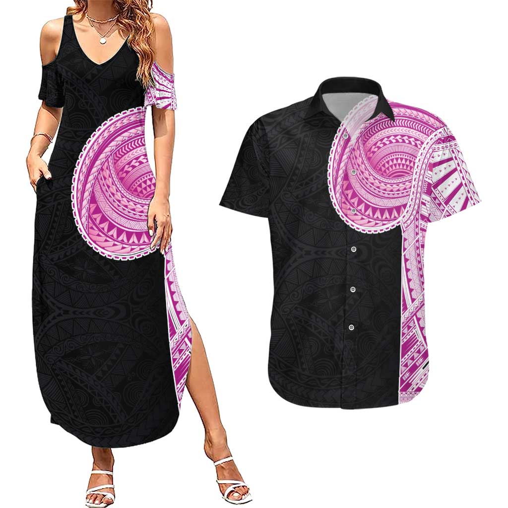Samoan Art Tattoo Polynesian Pattern Couples Matching Summer Maxi Dress and Hawaiian Shirt Pink Out Color LT03 Black - Polynesian Pride