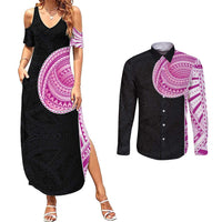 Samoan Art Tattoo Polynesian Pattern Couples Matching Summer Maxi Dress and Long Sleeve Button Shirt Pink Out Color LT03 Black - Polynesian Pride
