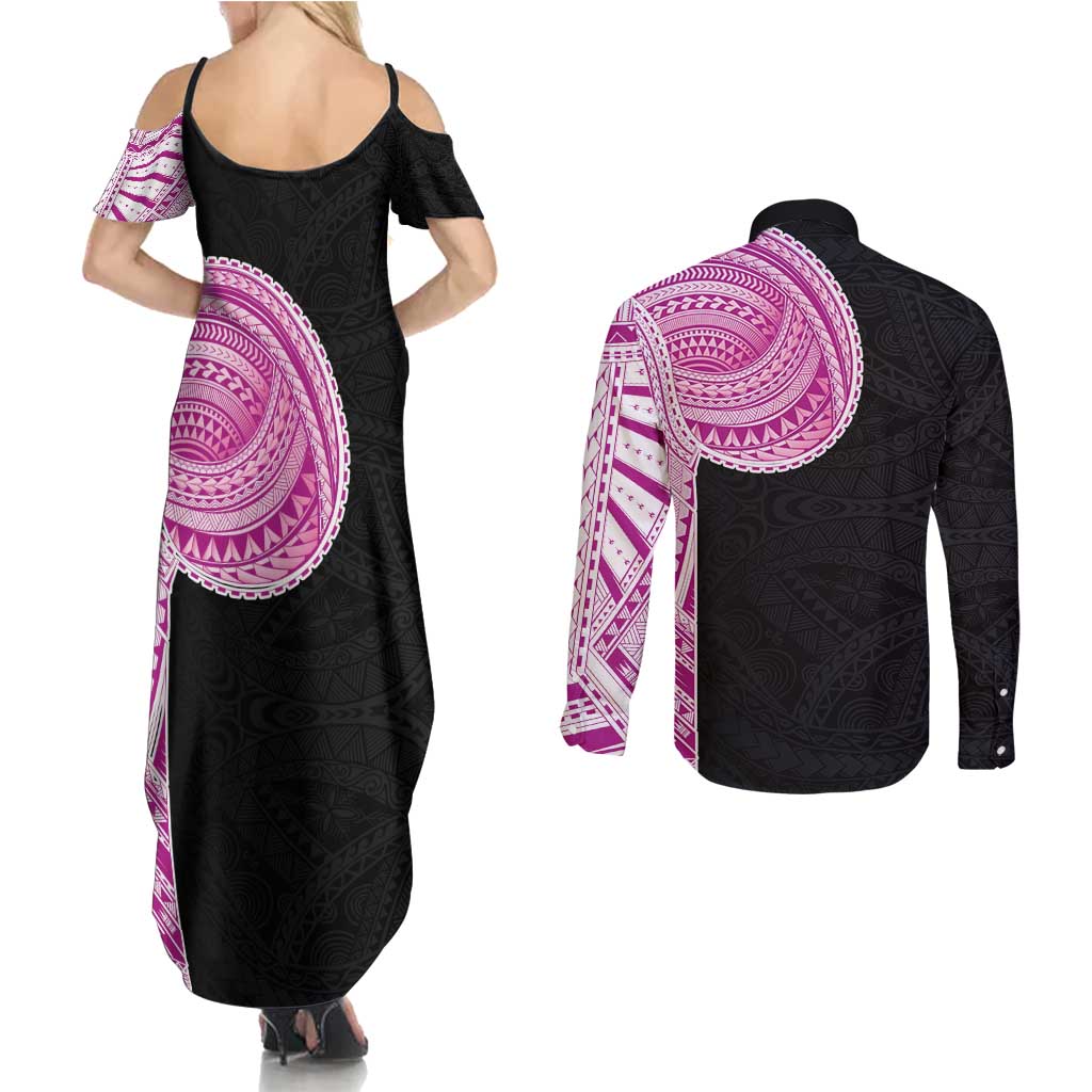 Samoan Art Tattoo Polynesian Pattern Couples Matching Summer Maxi Dress and Long Sleeve Button Shirt Pink Out Color LT03 - Polynesian Pride