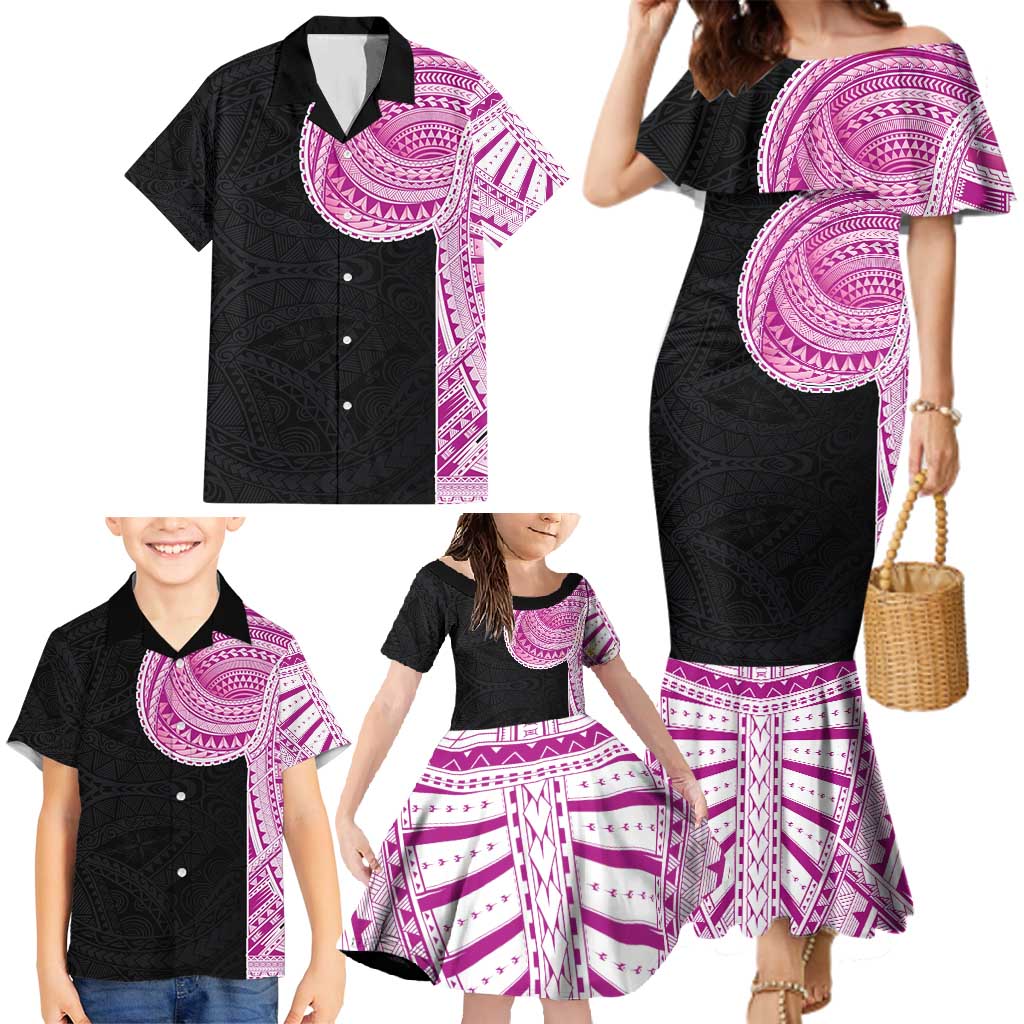 Samoan Art Tattoo Polynesian Pattern Family Matching Mermaid Dress and Hawaiian Shirt Pink Out Color