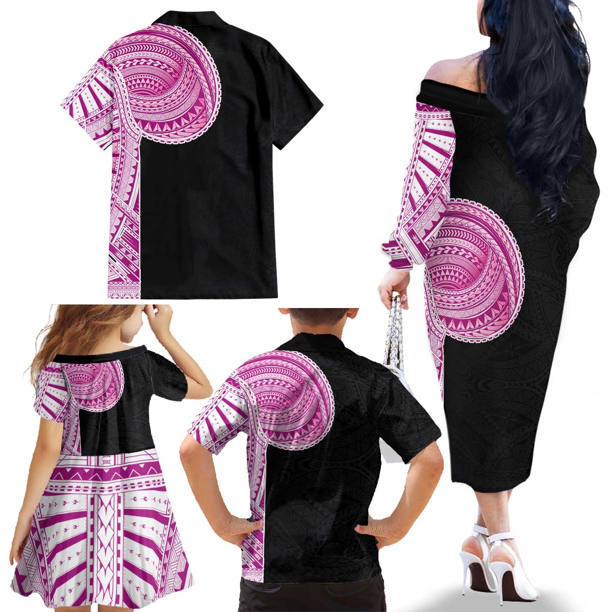 Samoan Art Tattoo Polynesian Pattern Family Matching Off The Shoulder Long Sleeve Dress and Hawaiian Shirt Pink Out Color