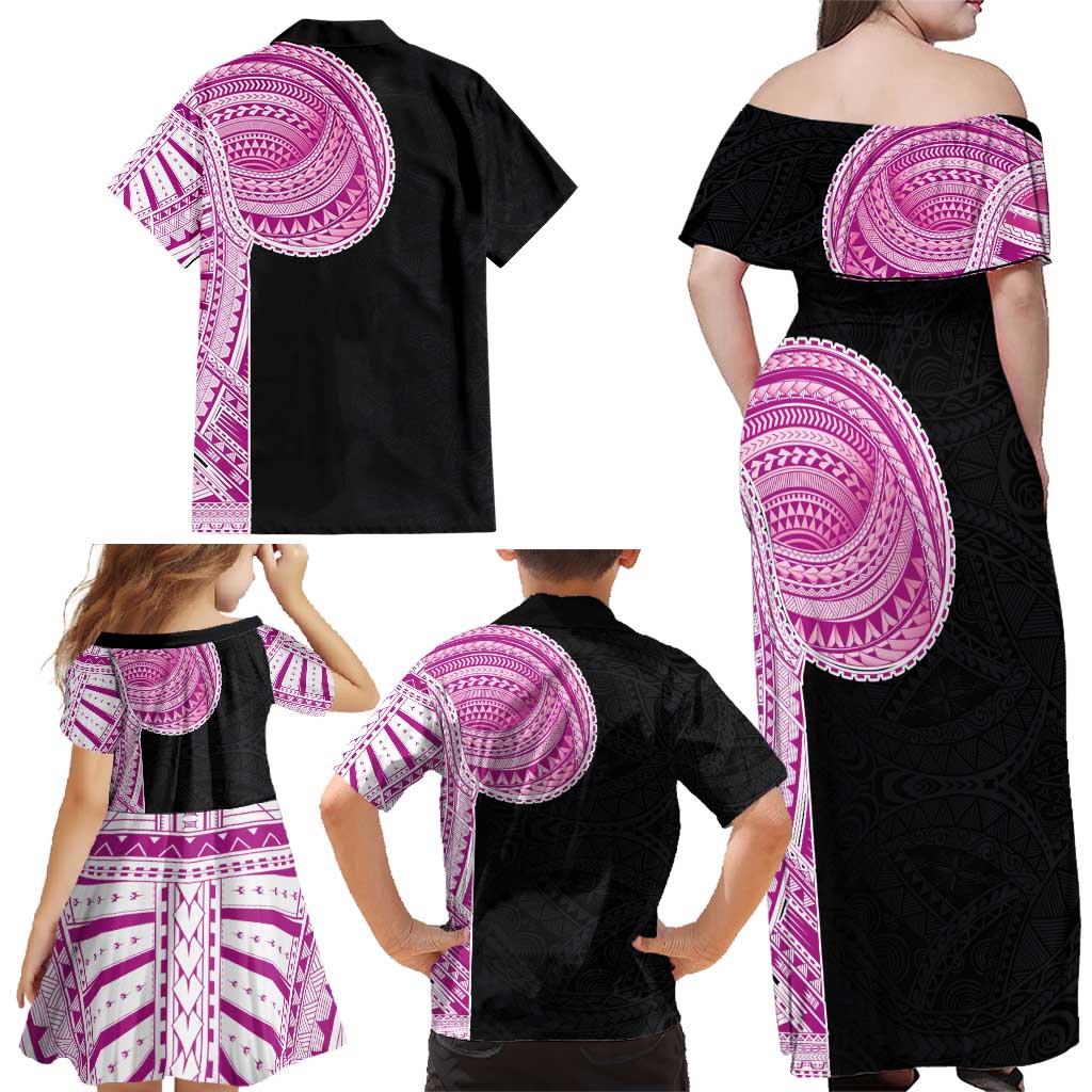 Samoan Art Tattoo Polynesian Pattern Family Matching Off Shoulder Maxi Dress and Hawaiian Shirt Pink Out Color