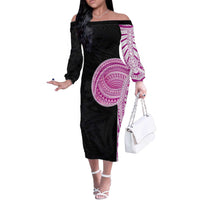 Samoan Art Tattoo Polynesian Pattern Off The Shoulder Long Sleeve Dress Pink Out Color