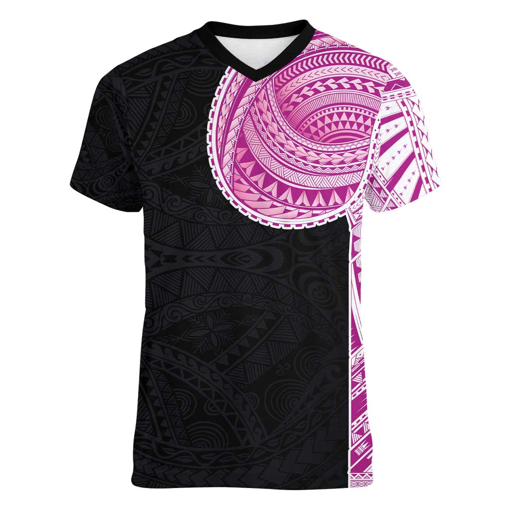 Samoan Art Tattoo Polynesian Pattern Women V-Neck T-Shirt Pink Out Color