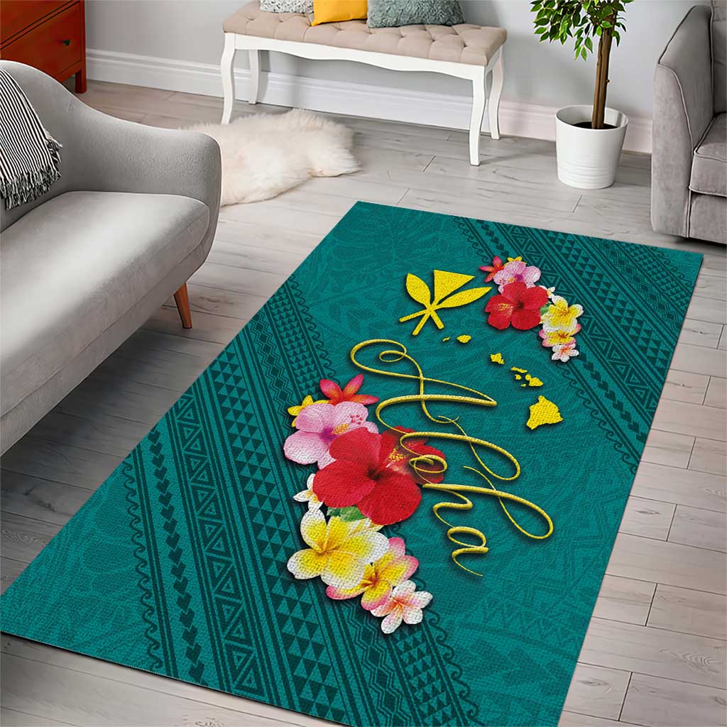 Aloha Kanaka Maoli Hawaii Flowers Area Rug With Polynesian Pattern Teal Color