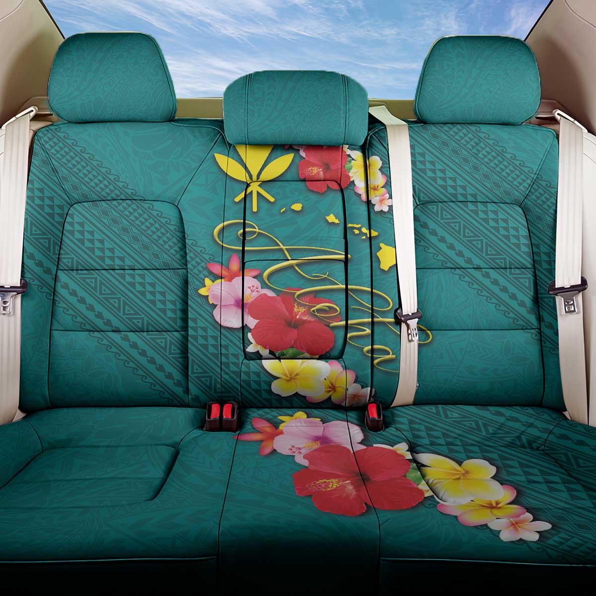 Aloha Kanaka Maoli Hawaii Flowers Back Car Seat Cover With Polynesian Pattern Teal Color